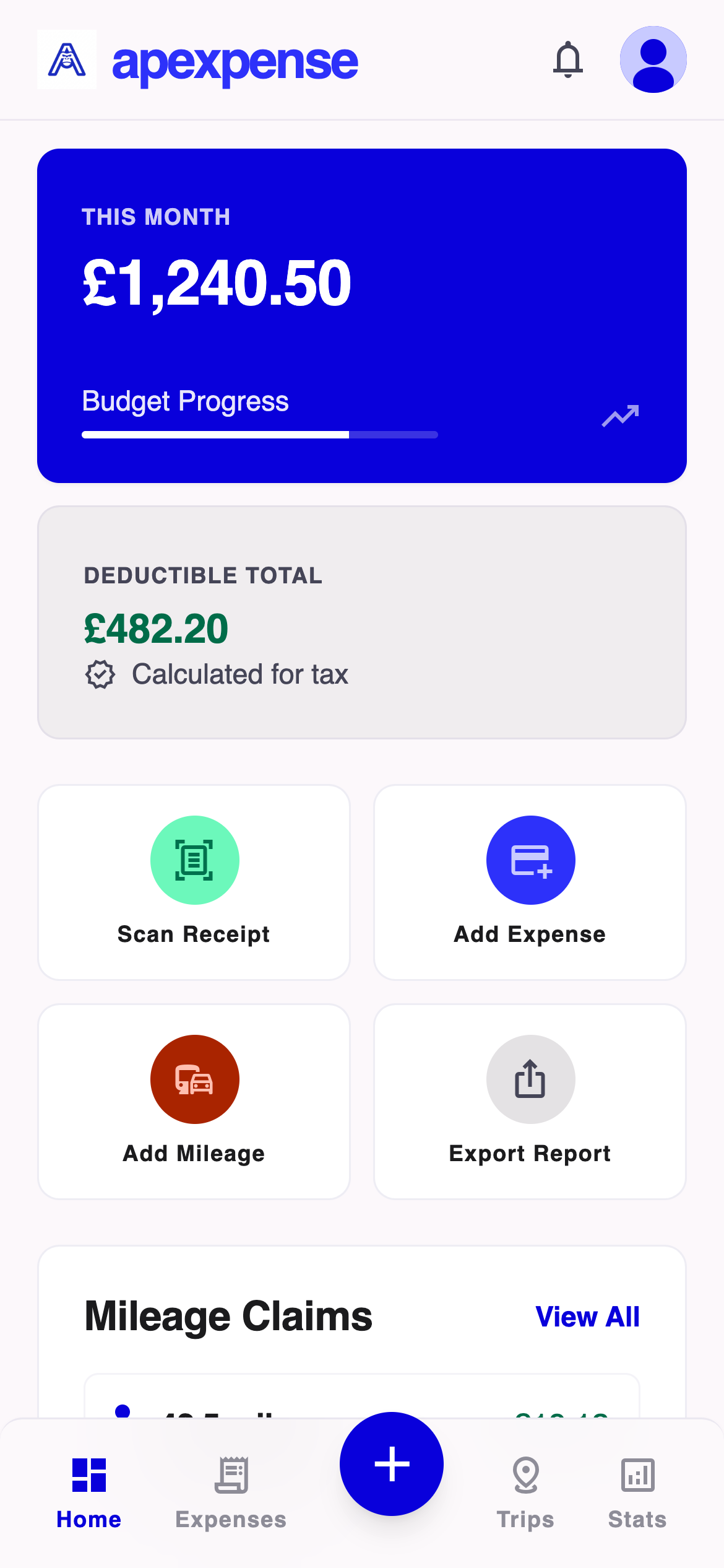 Apexpense dashboard with tax year summary